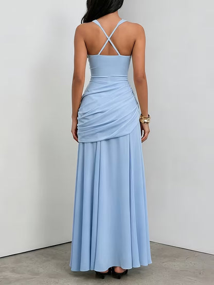 Women light blue ruched maxi dress with cross back straps and full floor length skirt