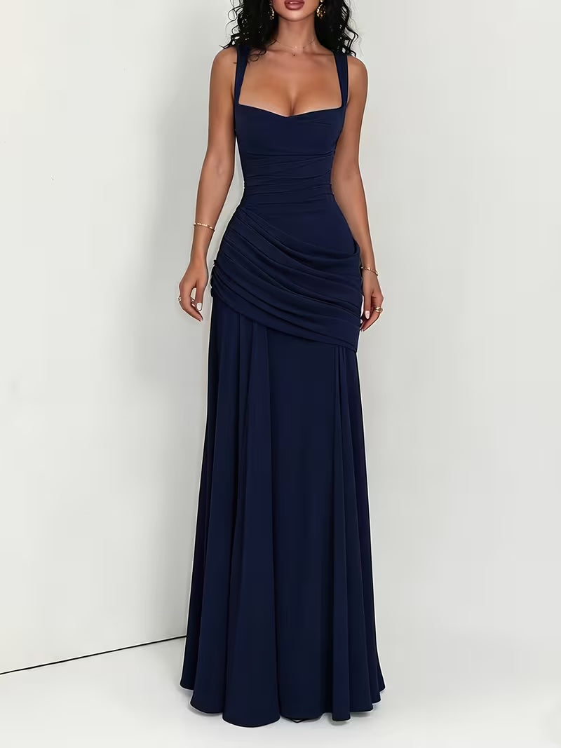 Women navy ruched maxi dress with square neckline and wide shoulder straps