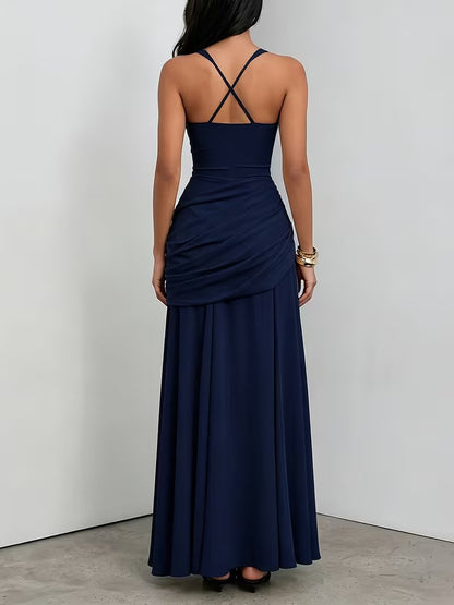 Women navy ruched maxi dress with cross back straps and full floor length skirt