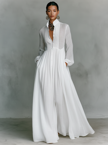 Women white pleated maxi dress, front view