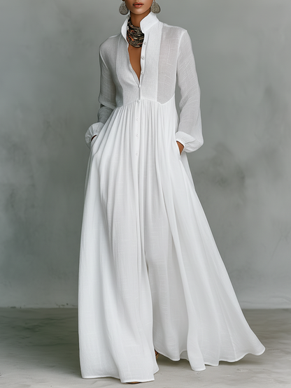 Women white pleated maxi dress, front view