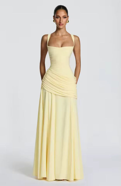 Women yellow sweetheart maxi dress, back view