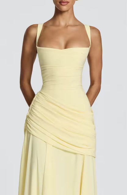 Women yellow sweetheart maxi dress, detail