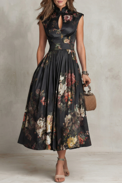 Women black high neck floral midi dress, front view