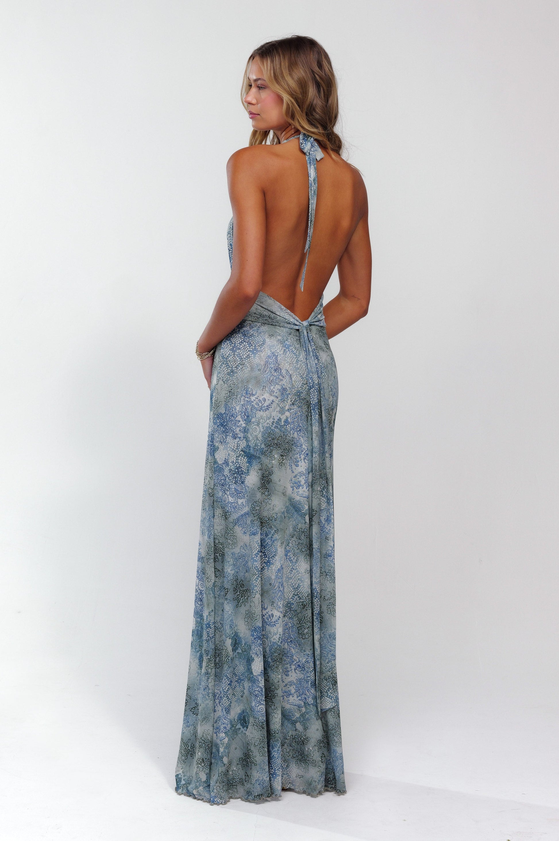 Women blue halter maxi dress, back view