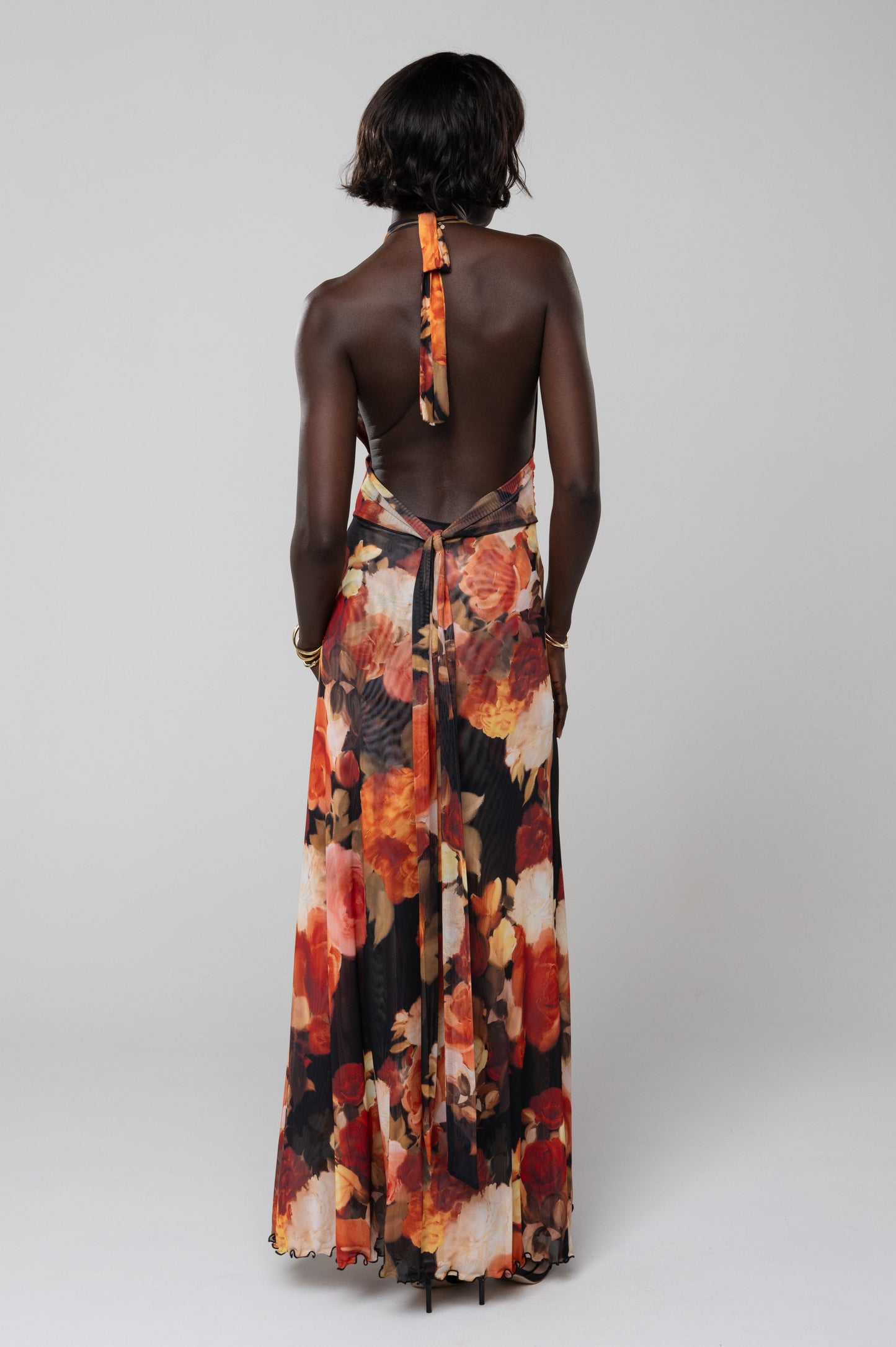 Women orange halter maxi dress, back view