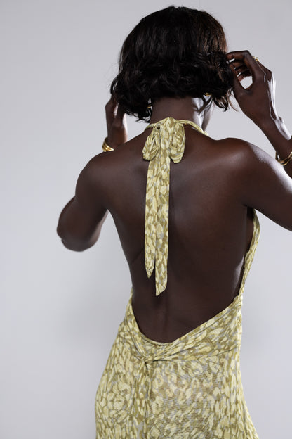 Women yellow halter maxi dress, back view