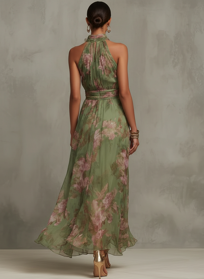 Women green halter floral maxi dress, back view