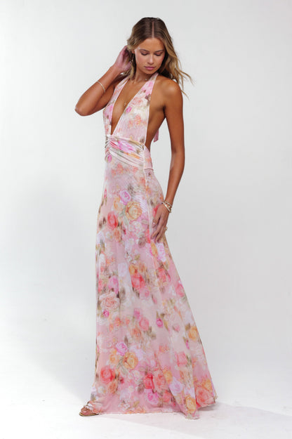Women pink halter maxi dress, side