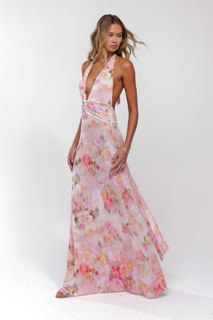Women pink halter maxi dress, side view