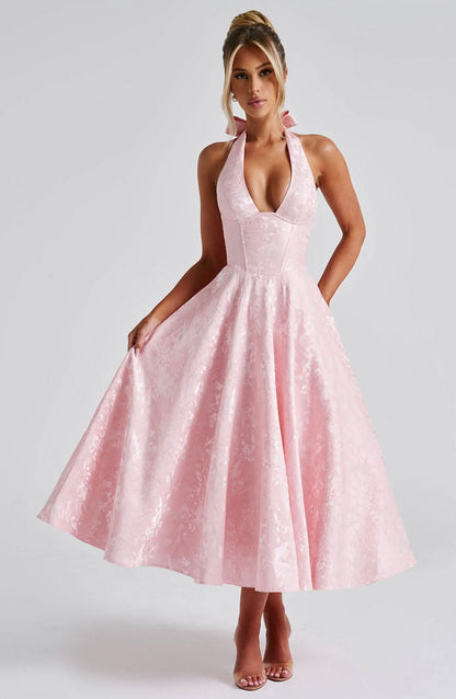 Women pink halter midi dress, detail close-up